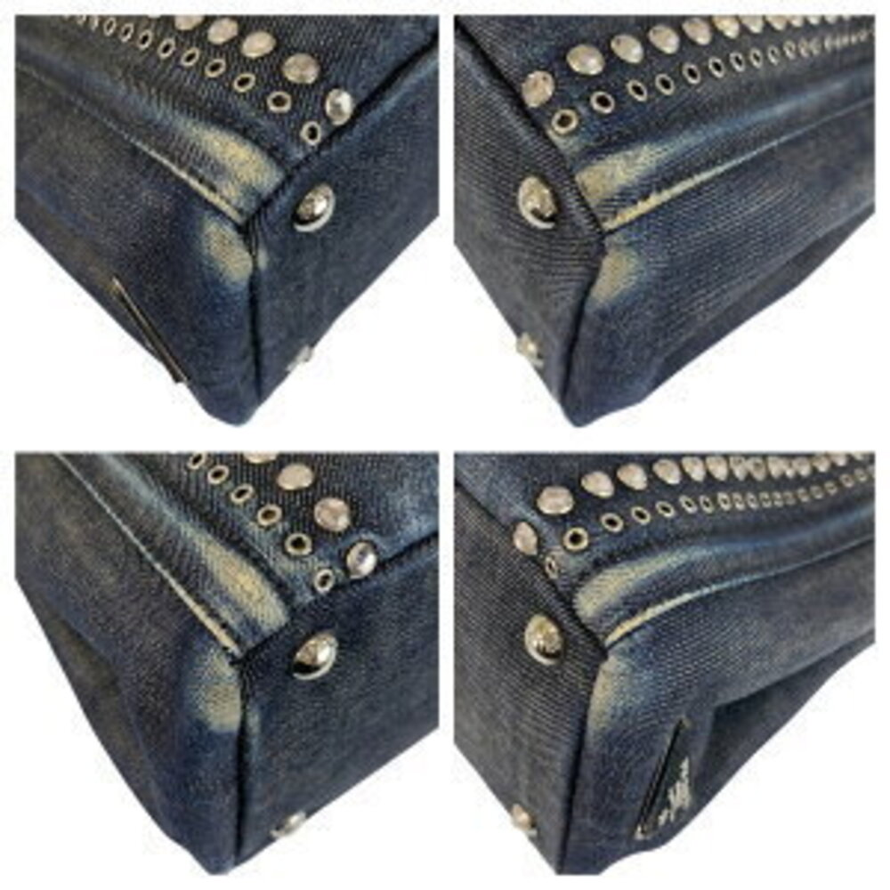 Prada shoulder Canapa denim plate tote beaded Blue triangular Navy logo bag - Picture 3 of 10